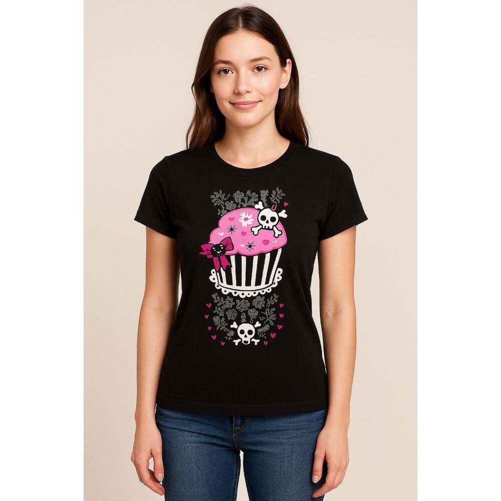 Cute Gothic Cupcake Skull Graphic Tee – Next Level Black Cotton T-Shirt Size L